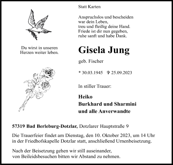 Traueranzeige von Gisela Jung von Siegener Zeitung