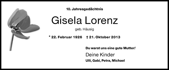 Traueranzeige von Gisela Lorenz von Siegener Zeitung