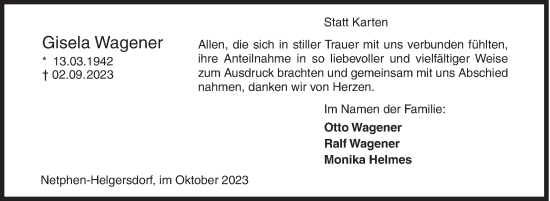 Traueranzeige von Gisela Wagener von Siegener Zeitung