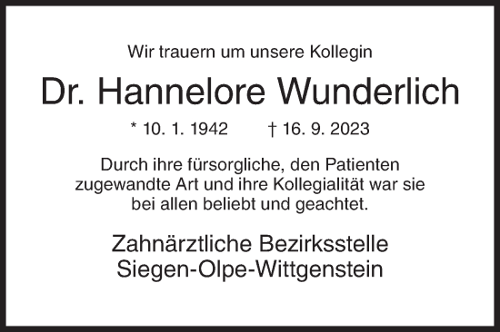 Traueranzeige von Hannelore Wunderlich von Siegener Zeitung