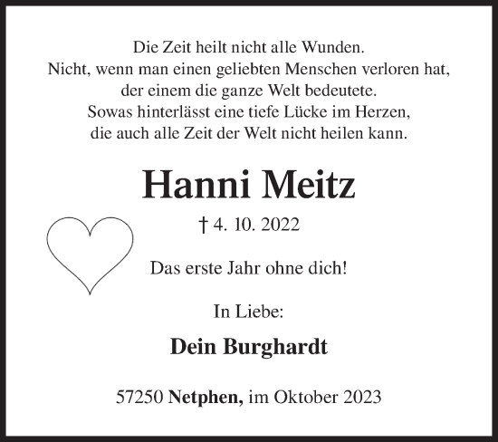 Traueranzeige von Hanni Meitz von Siegener Zeitung