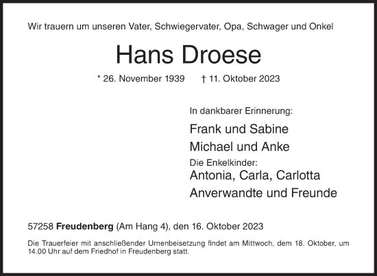 Traueranzeige von Hans Droese von Siegener Zeitung