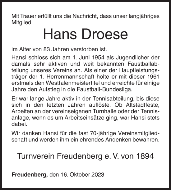 Traueranzeige von Hans Droese von Siegener Zeitung