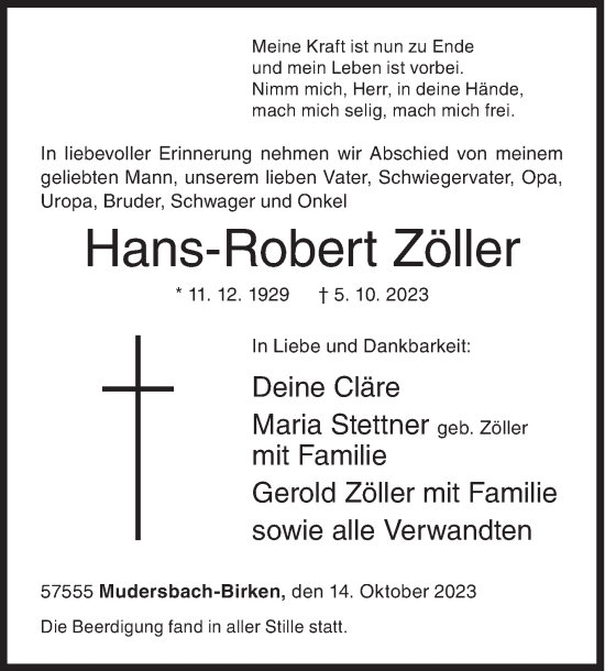 Traueranzeige von Hans-Robert Zöller von Siegener Zeitung