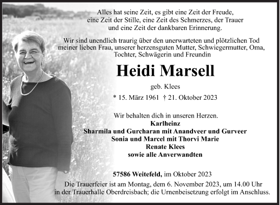 Traueranzeige von Heidi Marsell von Siegener Zeitung
