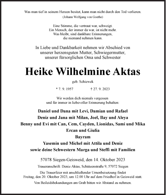 Traueranzeige von Heike Aktas von Siegener Zeitung