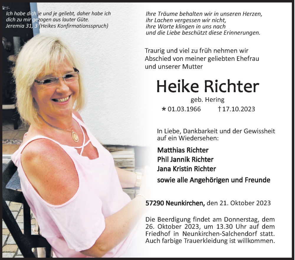  Traueranzeige für Heike Richter vom 21.10.2023 aus Siegener Zeitung