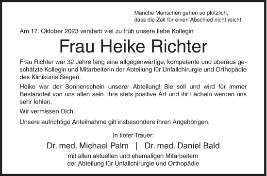 Traueranzeige von Heike Richter von Siegener Zeitung
