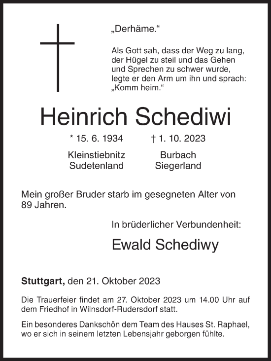 Traueranzeige von Heinrich Schediwi von Siegener Zeitung