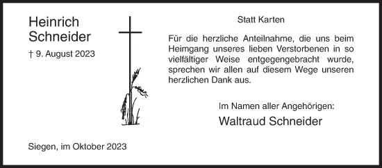 Traueranzeige von Heinrich Schneider von Siegener Zeitung