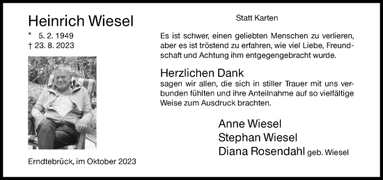 Traueranzeige von Heinrich Wiesel von Siegener Zeitung