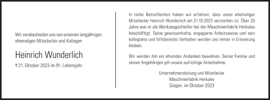 Traueranzeige von Heinrich Wunderlich von Siegener Zeitung