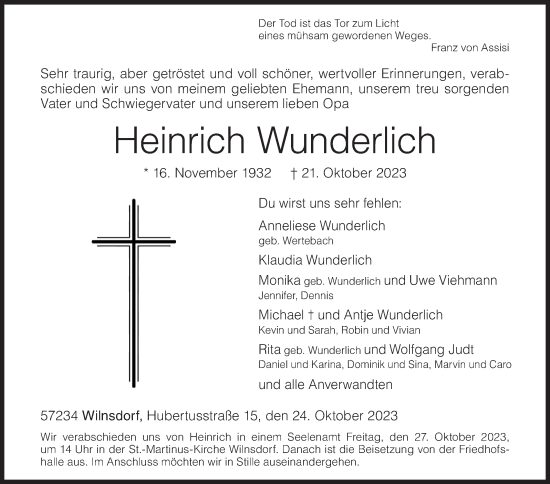 Traueranzeige von Heinrich Wunderlich von Siegener Zeitung