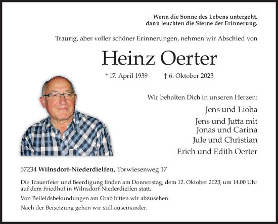 Traueranzeige von Heinz Oerter von Siegener Zeitung