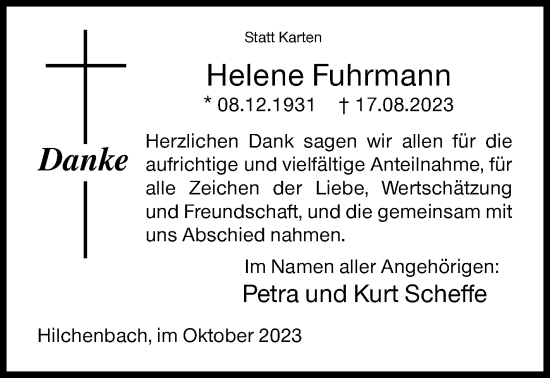 Traueranzeige von Helene Fuhrmann von Siegener Zeitung