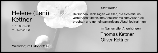 Traueranzeige von Helene Kettner von Siegener Zeitung