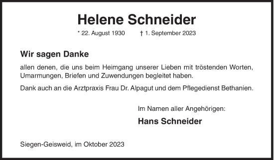 Traueranzeige von Helene Schneider von Siegener Zeitung
