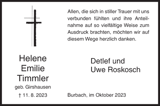 Traueranzeige von Helene Emilie Timmler von Siegener Zeitung