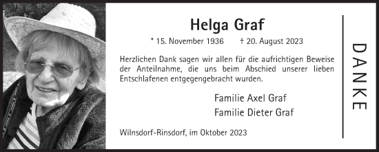 Traueranzeige von Helga Graf von Siegener Zeitung