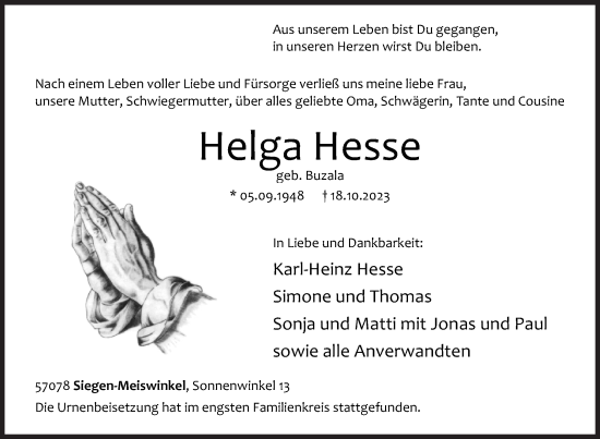 Traueranzeige von Helga Hesse von Siegener Zeitung