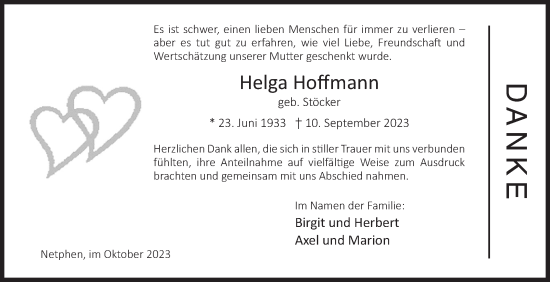 Traueranzeige von Helga Hoffmann von Siegener Zeitung
