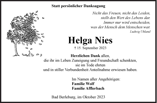 Traueranzeige von Helga Nies von Siegener Zeitung