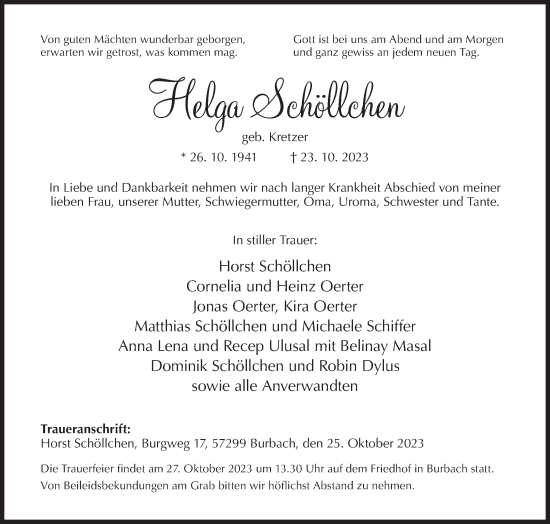 Traueranzeige von Helga Schöllchen von Siegener Zeitung