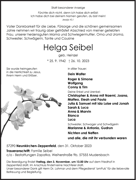 Traueranzeige von Helga Seibel von Siegener Zeitung