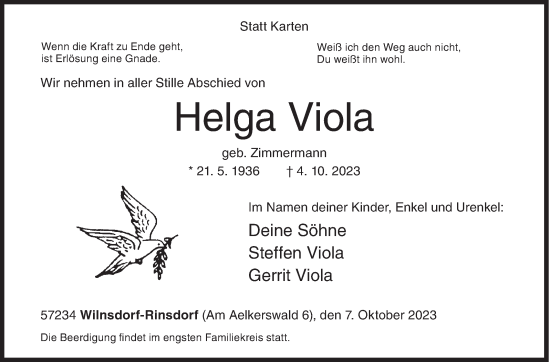 Traueranzeige von Helga Viola von Siegener Zeitung