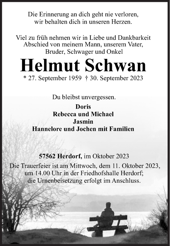 Traueranzeige von Helmut Schwan von Siegener Zeitung