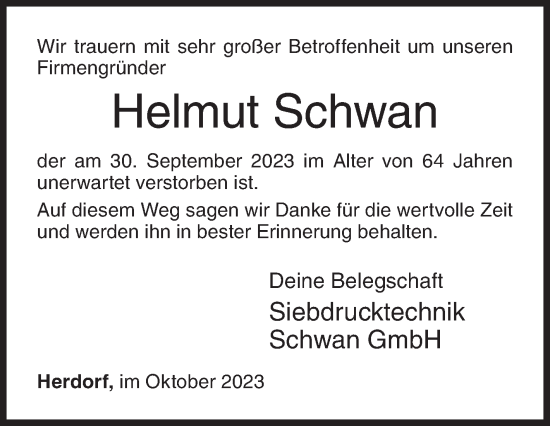 Traueranzeige von Helmut Schwan von Siegener Zeitung