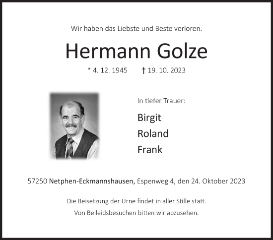 Traueranzeige von Hermann Golze von Siegener Zeitung