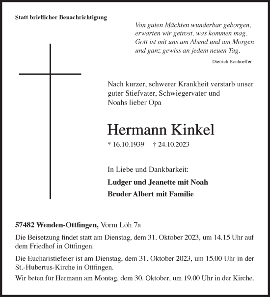 Traueranzeige von Hermann Kinkel von Siegener Zeitung