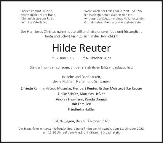 Traueranzeige von Hilde Reuter von Siegener Zeitung