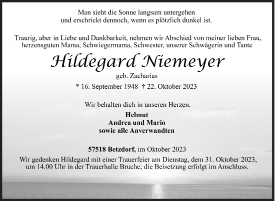 Traueranzeige von Hildegard Niemeyer von Siegener Zeitung