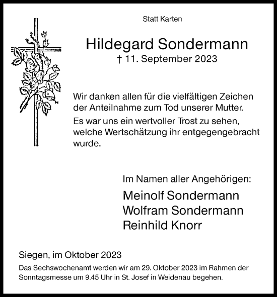 Traueranzeige von Hildegard Sondermann von Siegener Zeitung