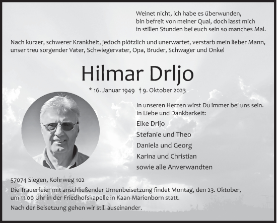 Traueranzeige von Hilmar Drljo von Siegener Zeitung