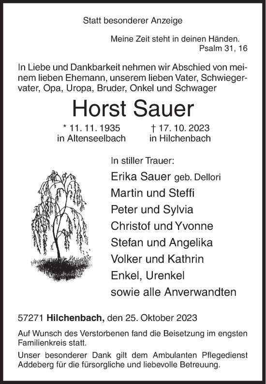 Traueranzeige von Horst Sauer von Siegener Zeitung