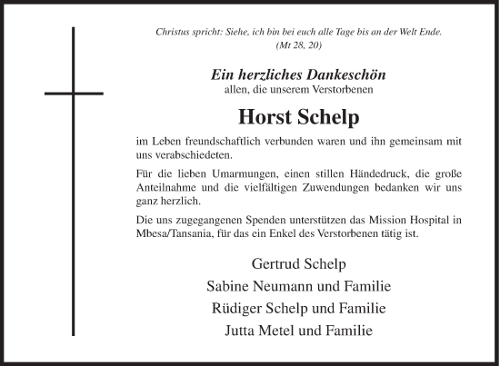 Traueranzeige von Horst Schelp von Siegener Zeitung