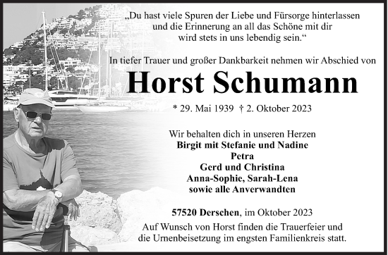 Traueranzeige von Horst Schumann von Siegener Zeitung