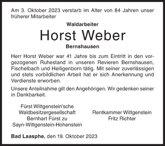 Traueranzeige von Horst Weber von Siegener Zeitung
