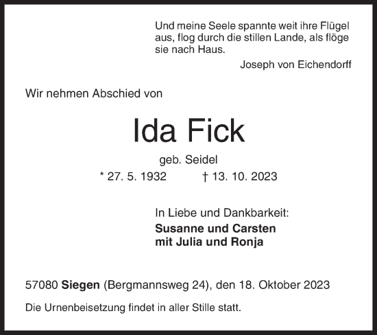 Traueranzeige von Ida Fick von Siegener Zeitung