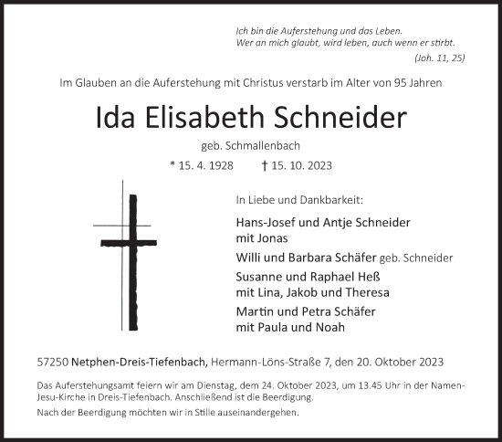 Traueranzeige von Ida Elisabeth Schneider von Siegener Zeitung
