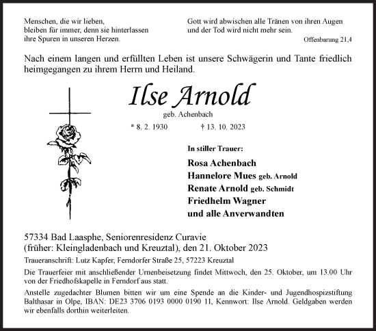 Traueranzeige von Ilse Arnold von Siegener Zeitung