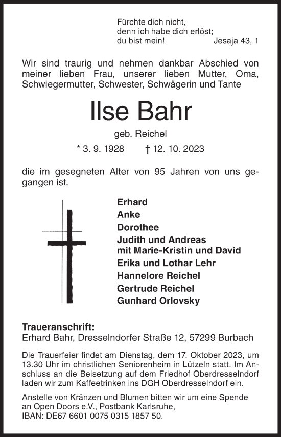Traueranzeige von Ilse Bahr von Siegener Zeitung