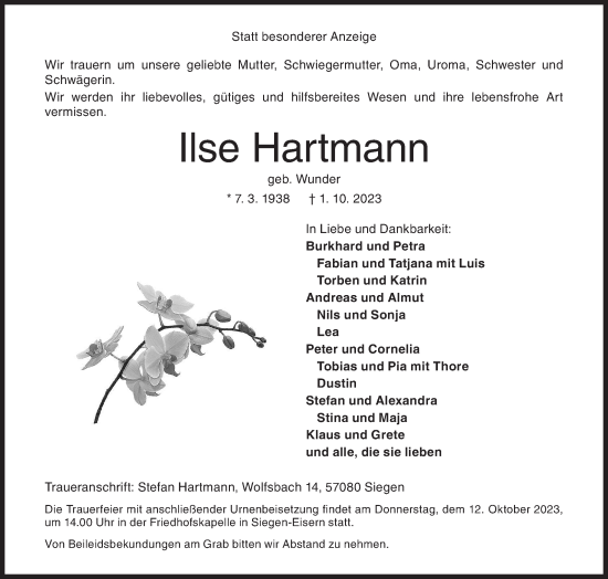Traueranzeige von Ilse Hartmann von Siegener Zeitung