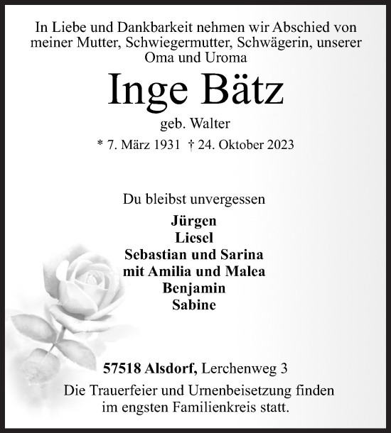 Traueranzeige von Inge Bätz von Siegener Zeitung