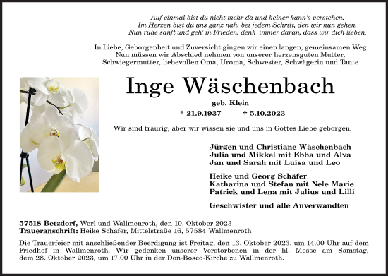 Traueranzeige von Inge Wäschenbach von Siegener Zeitung