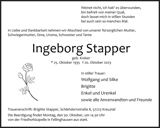 Traueranzeige von Ingeborg Stapper von Siegener Zeitung