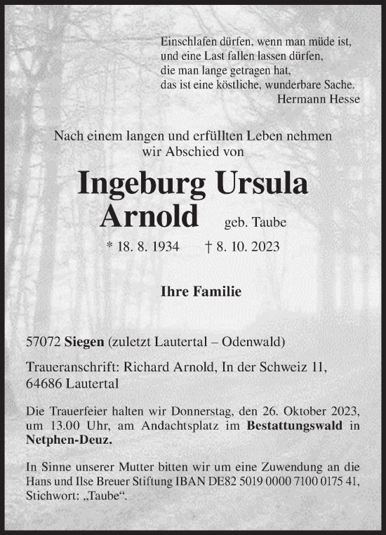 Traueranzeige von Ingeburg Ursula Arnold von Siegener Zeitung